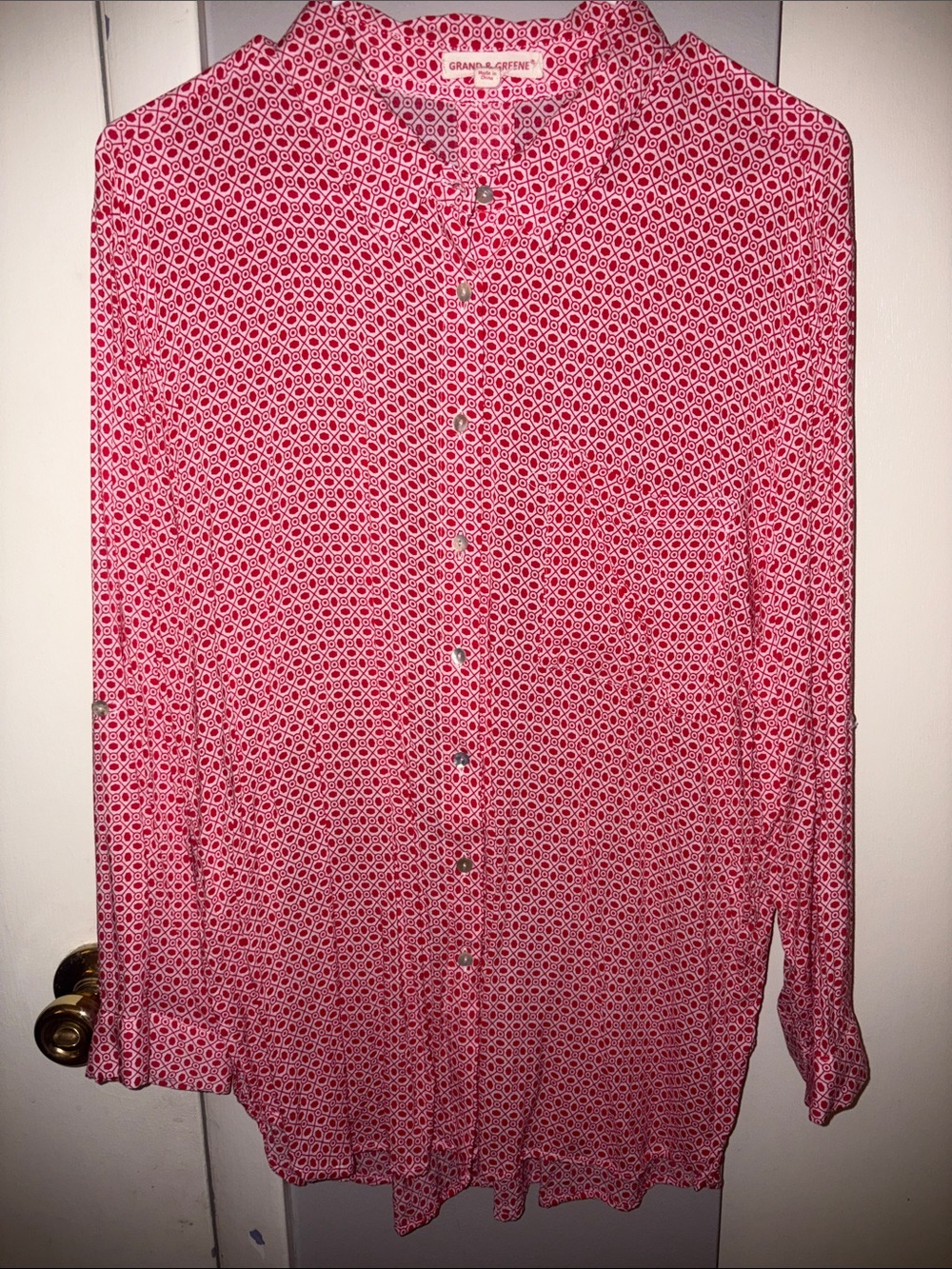 grand & greene pink and red geometric button-down shirt